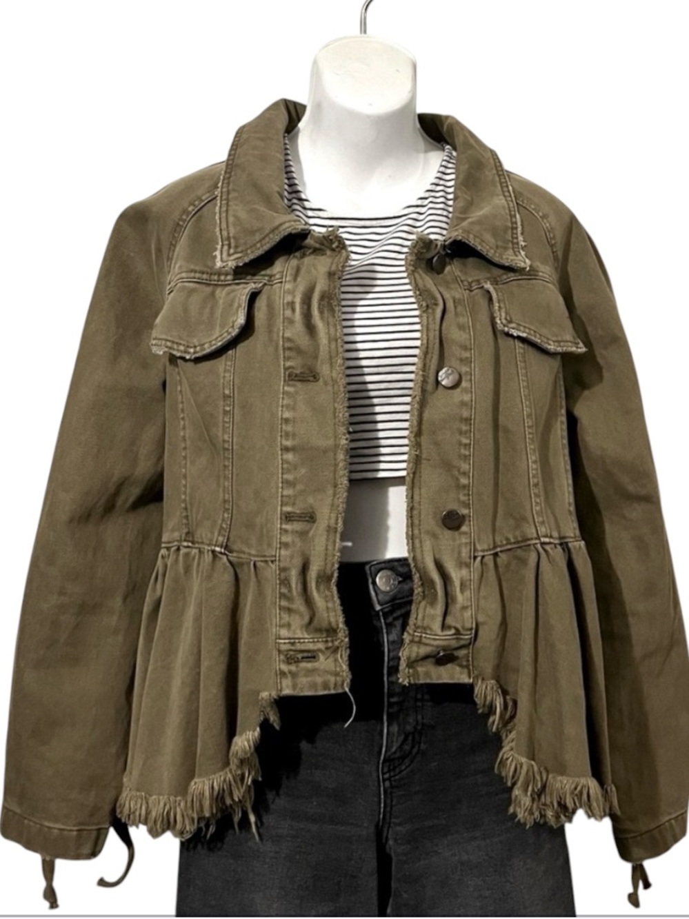 Free People Womans Olive Green Cropped Utility Willow Peplum Military Jacket S